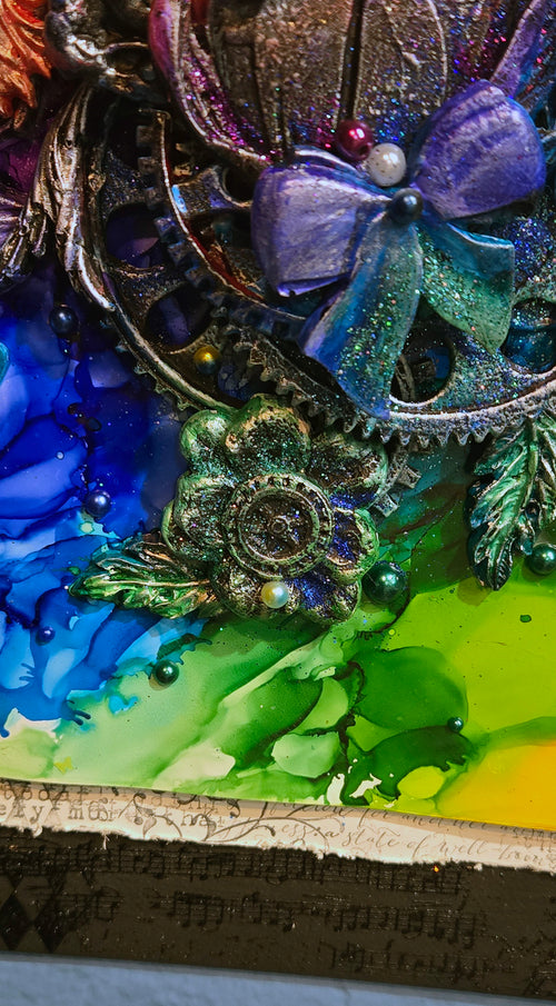 A Steampunk Kind of Rainbow - Handmade Mixed Media 12x16" Canvas Panel Wall Art