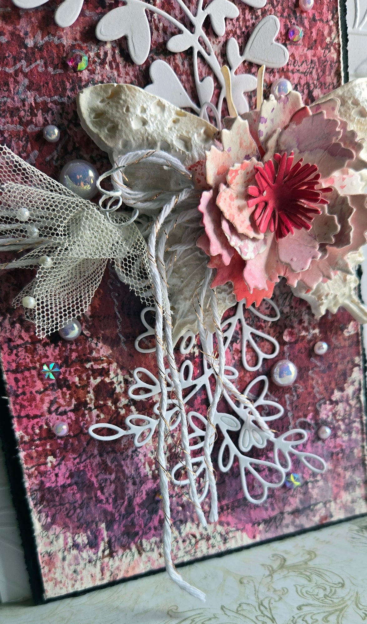 The White Butterfly Greeting Card, Pink with Heart Spray and Pearl Mixed Media
