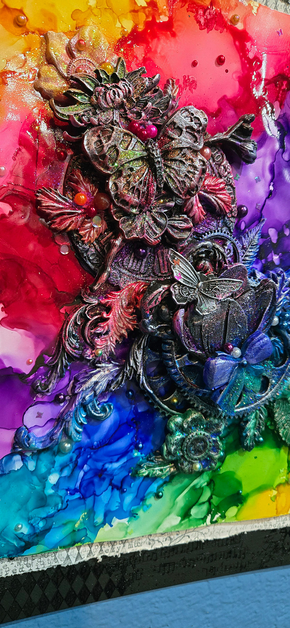 A Steampunk Kind of Rainbow - Handmade Mixed Media 12x16" Canvas Panel Wall Art