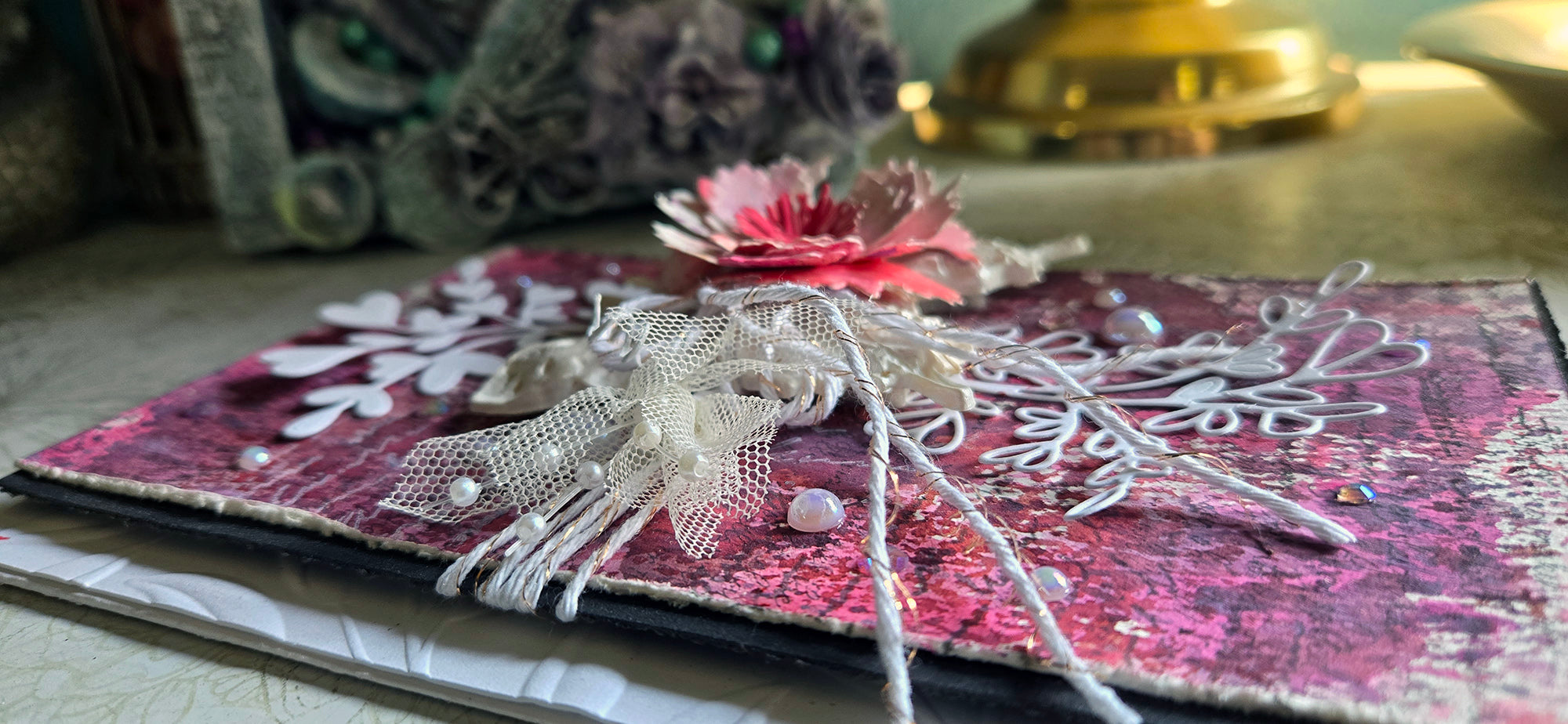 The White Butterfly Greeting Card, Pink with Heart Spray and Pearl Mixed Media