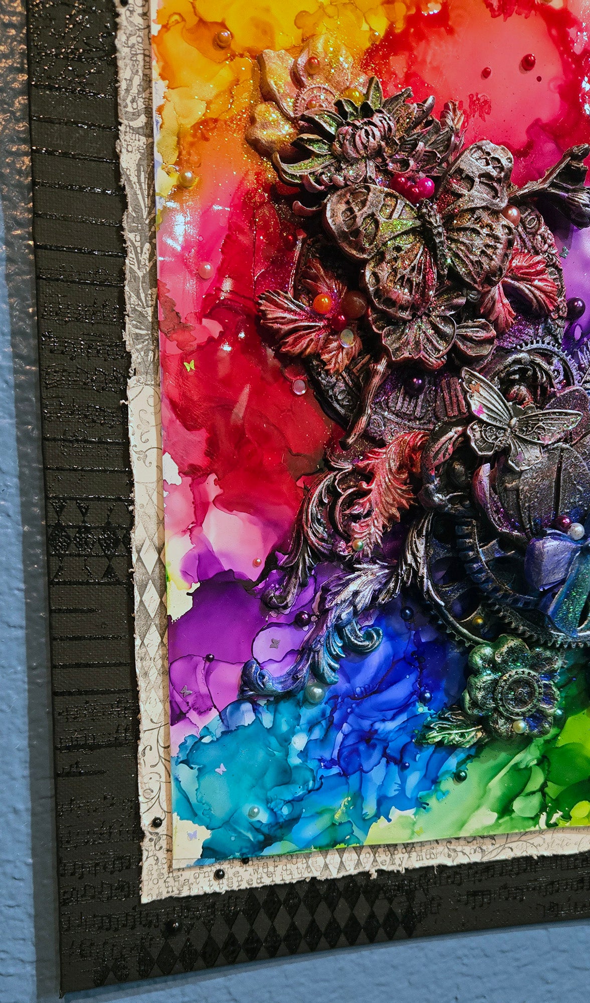 A Steampunk Kind of Rainbow - Handmade Mixed Media 12x16" Canvas Panel Wall Art