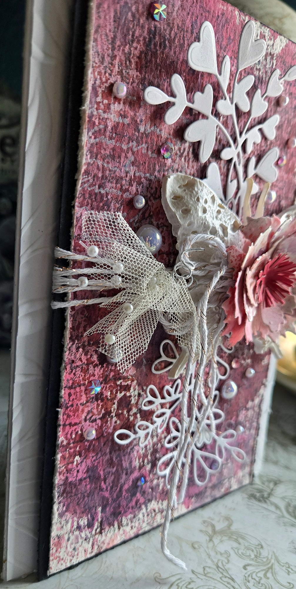 The White Butterfly Greeting Card, Pink with Heart Spray and Pearl Mixed Media