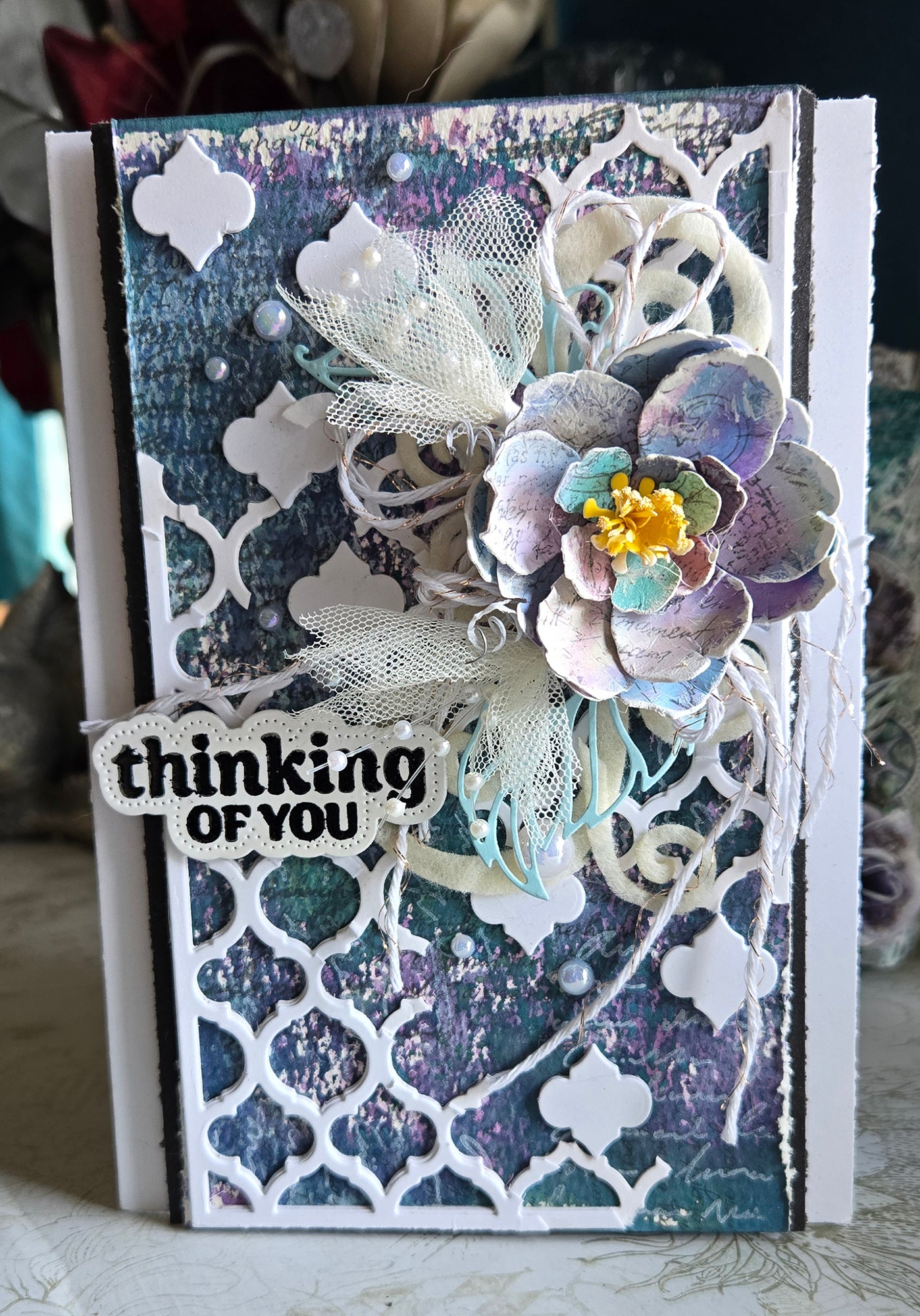 Thinking of You Greeting Card, Blue, Purple, Moroccan Tile Mixed Media