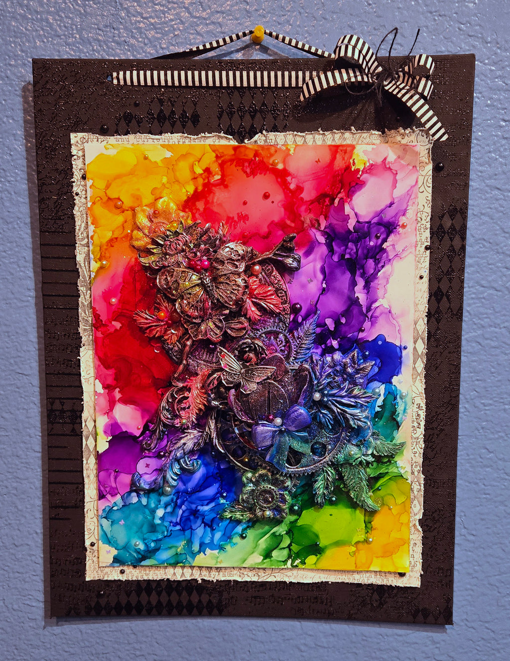 A Steampunk Kind of Rainbow - Handmade Mixed Media 12x16" Canvas Panel Wall Art