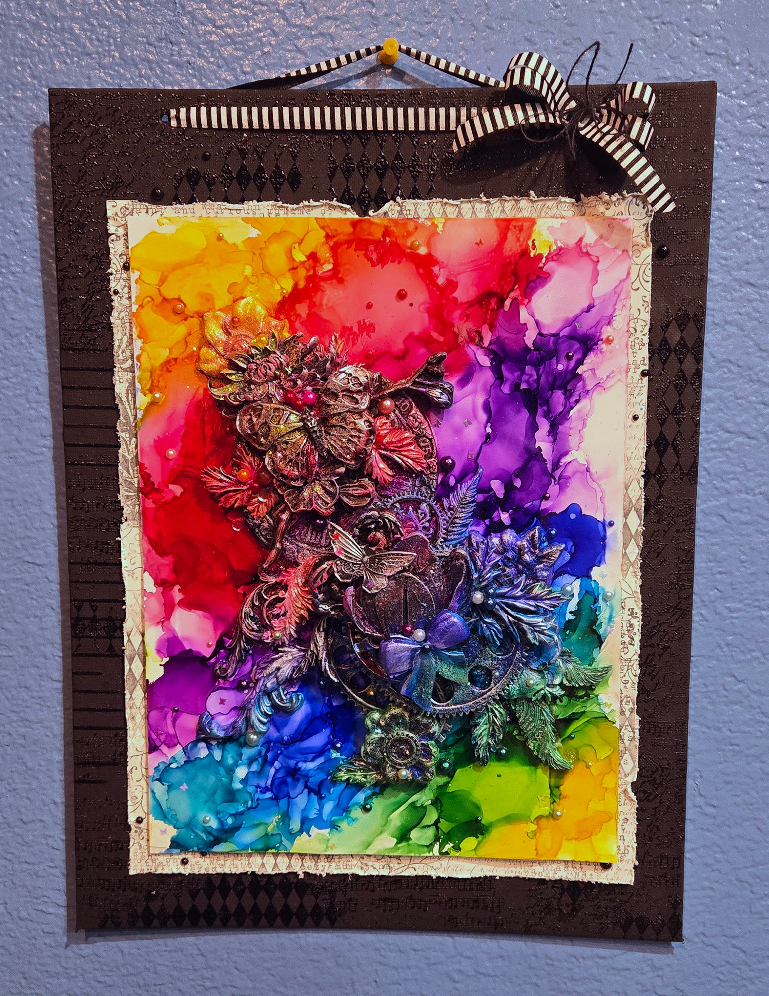 A Steampunk Kind of Rainbow - Handmade Mixed Media 12x16" Canvas Panel Wall Art