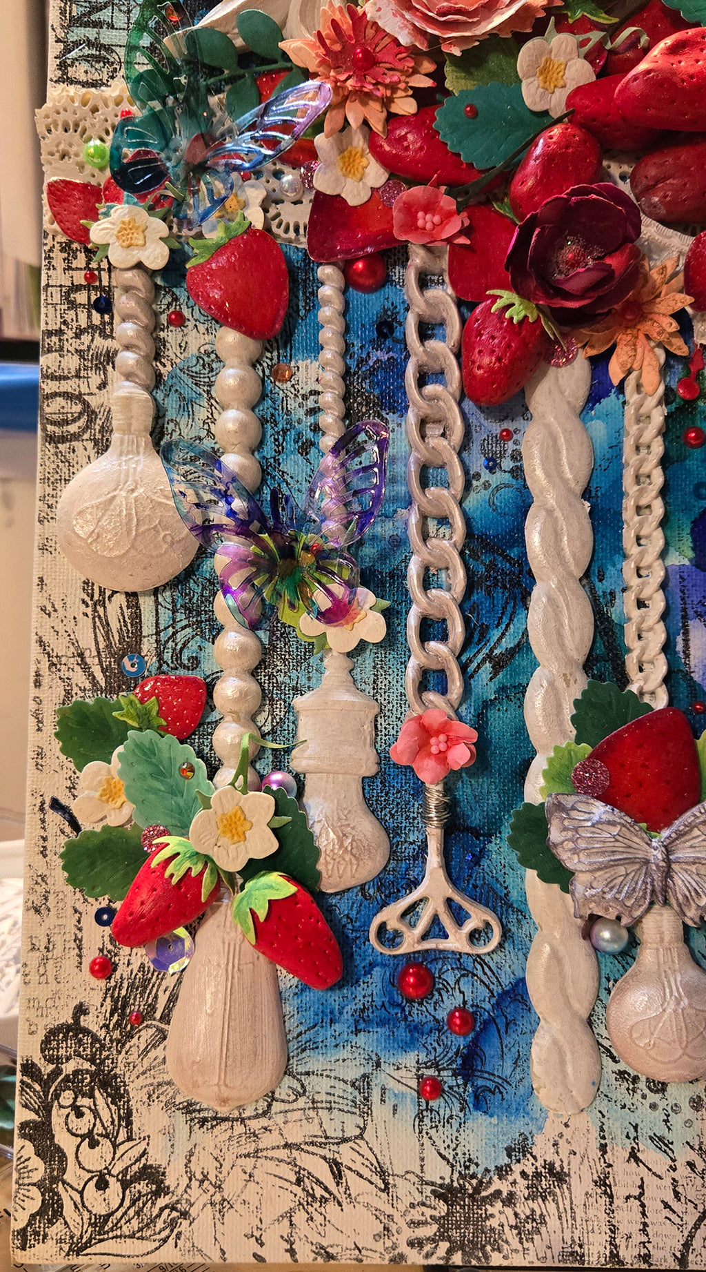 Strawberry Bramble's Pendulous Light Handmade Decor Mixed Media Wall Art: