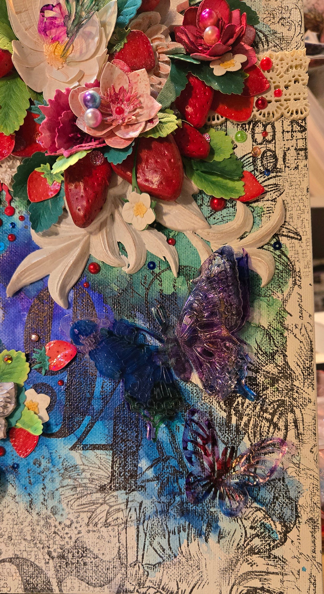 Strawberry Bramble's Pendulous Light Handmade Decor Mixed Media Wall Art: