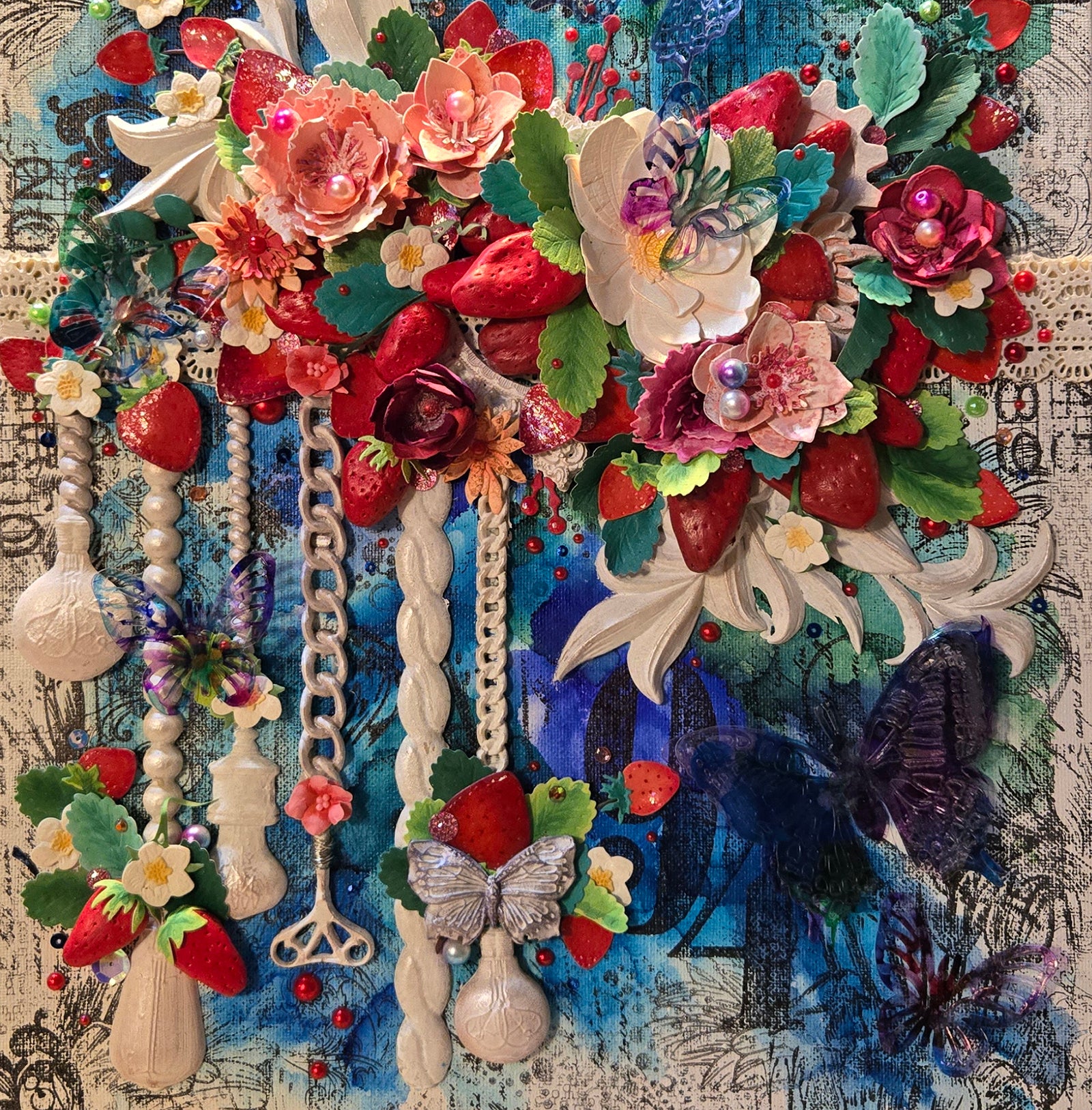 Strawberry Bramble's Pendulous Light Handmade Decor Mixed Media Wall Art: