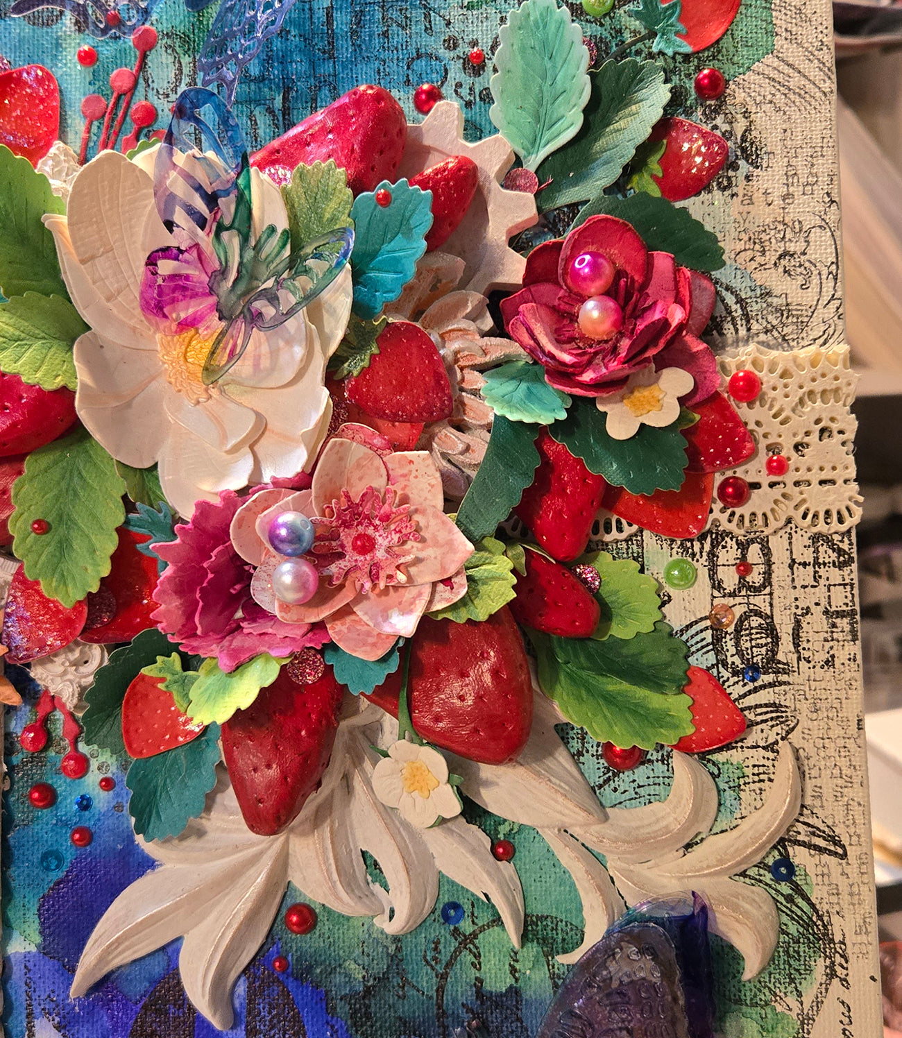 Strawberry Bramble's Pendulous Light Handmade Decor Mixed Media Wall Art: