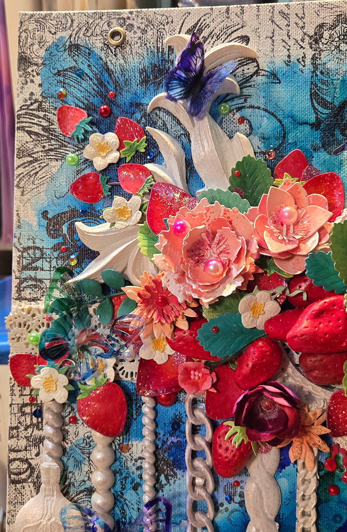 Strawberry Bramble's Pendulous Light Handmade Decor Mixed Media Wall Art: