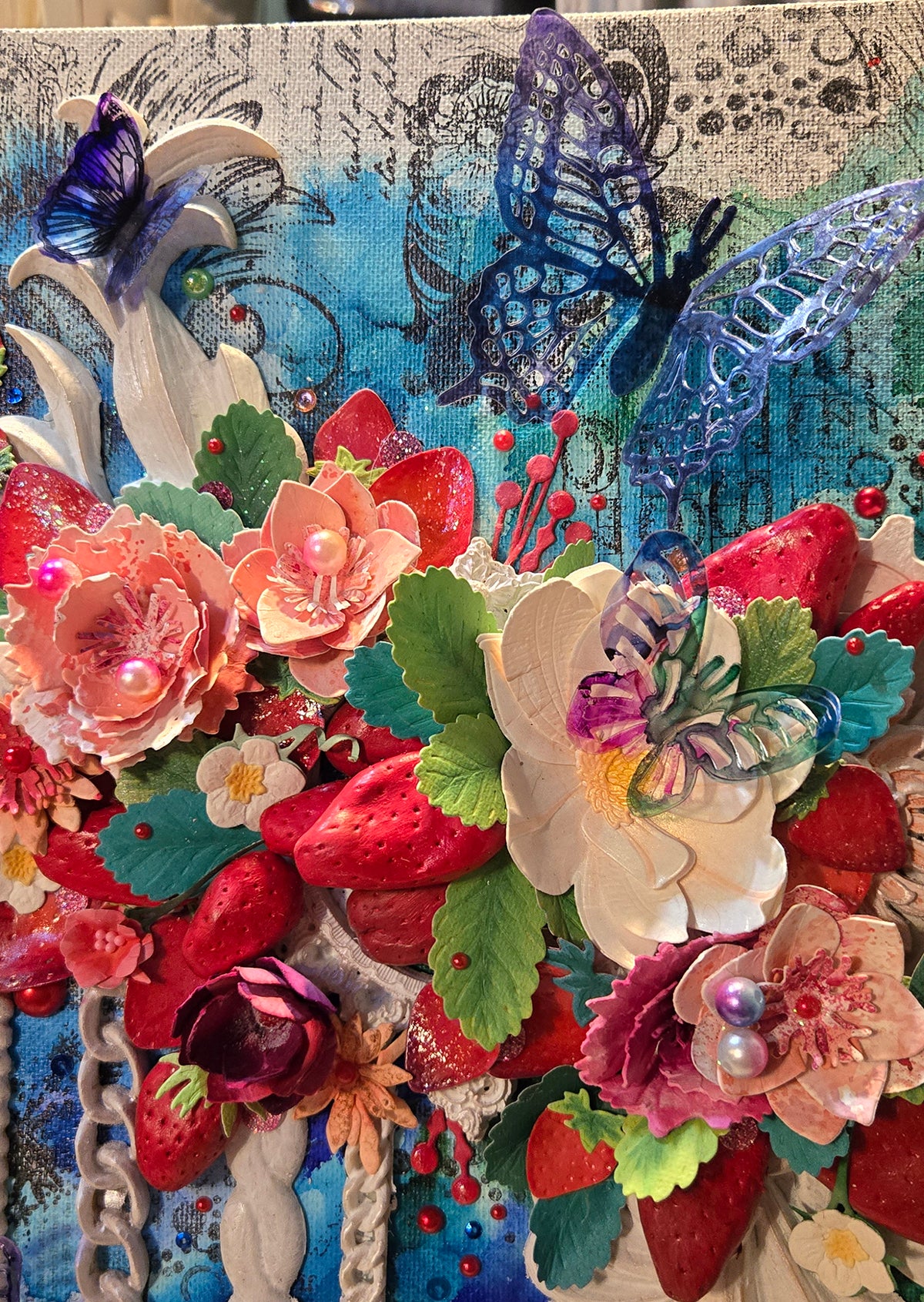 Strawberry Bramble's Pendulous Light Handmade Decor Mixed Media Wall Art: