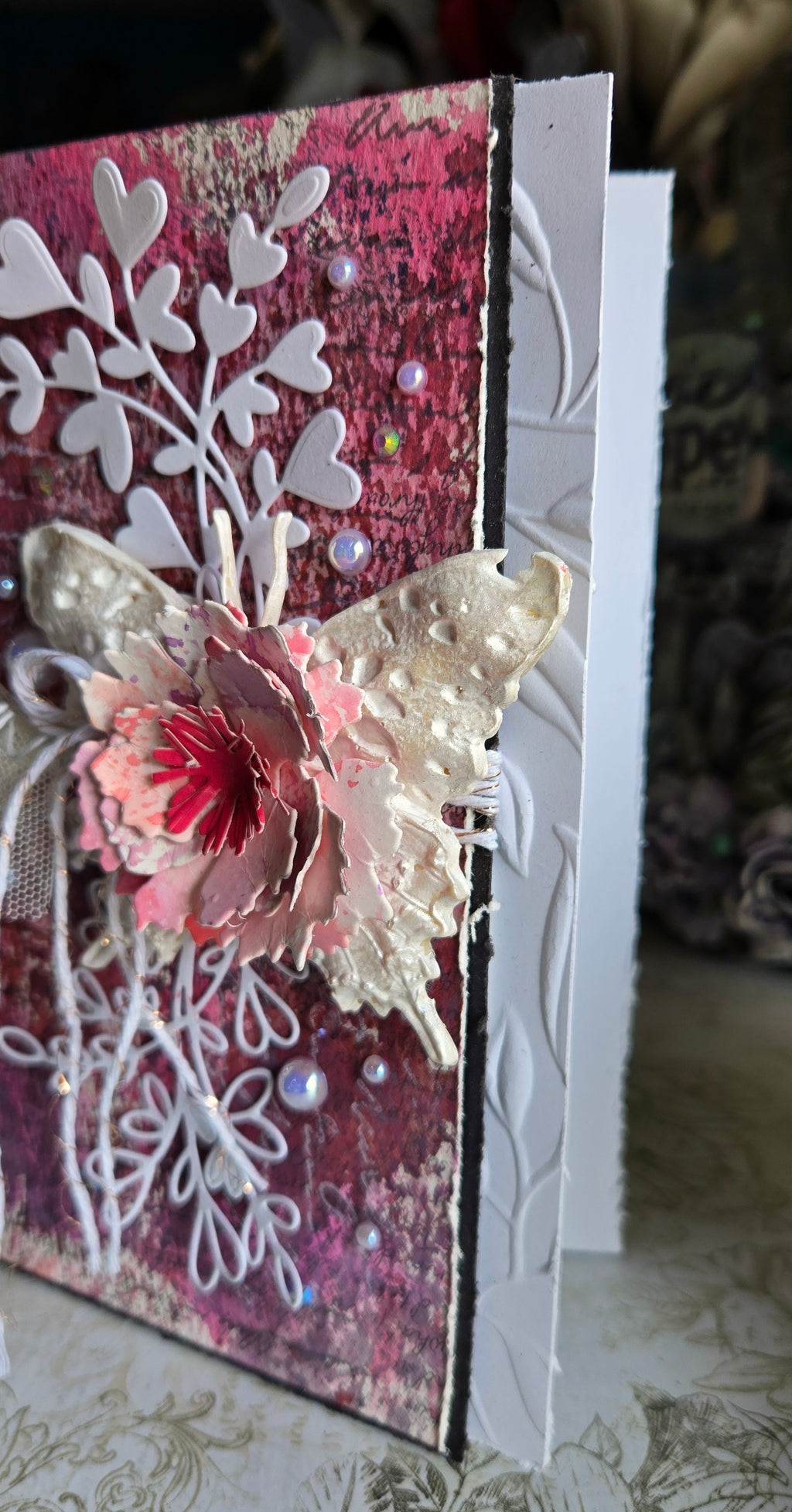 The White Butterfly Greeting Card, Pink with Heart Spray and Pearl Mixed Media