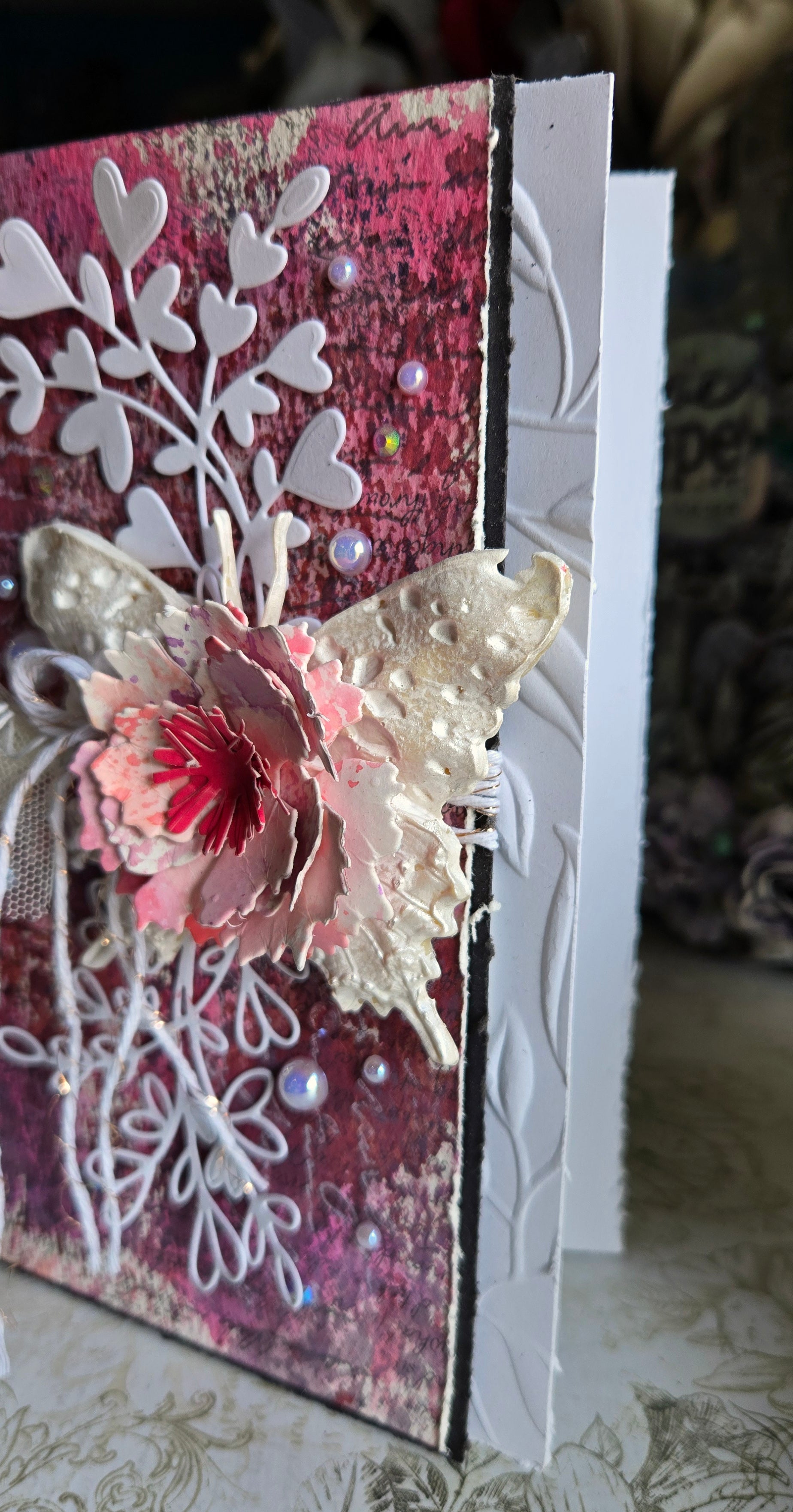 The White Butterfly Greeting Card, Pink with Heart Spray and Pearl Mixed Media