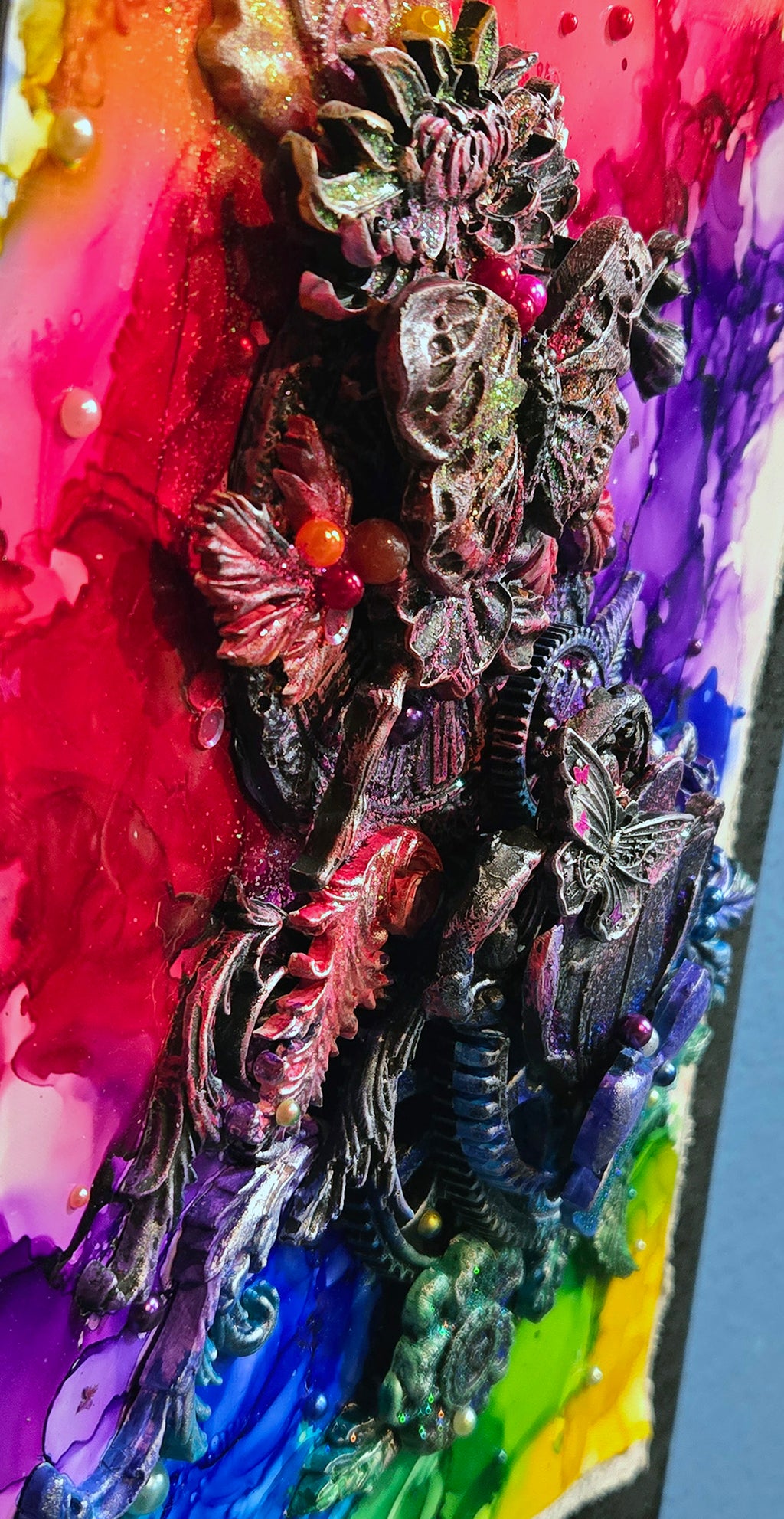 A Steampunk Kind of Rainbow - Handmade Mixed Media 12x16" Canvas Panel Wall Art
