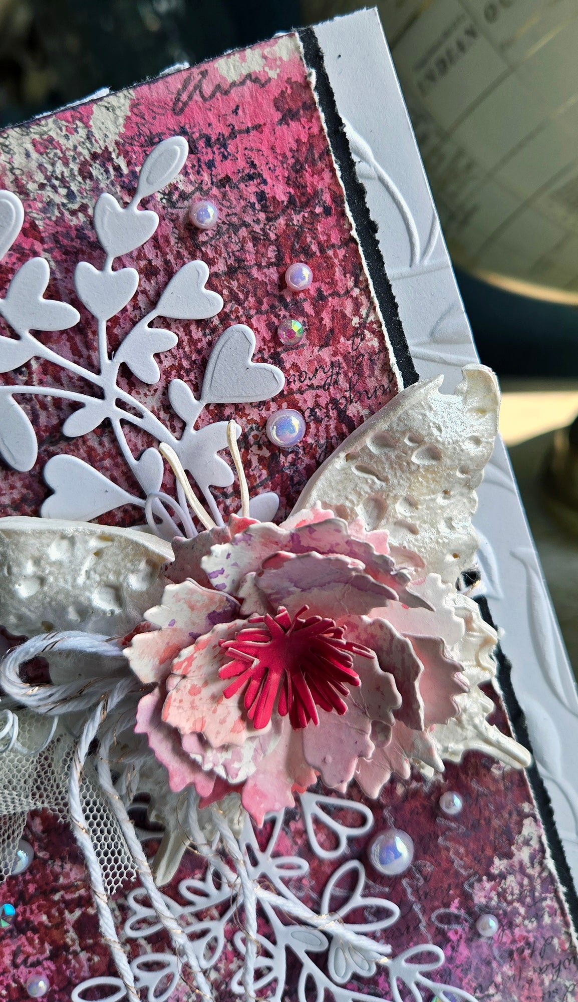 The White Butterfly Greeting Card, Pink with Heart Spray and Pearl Mixed Media