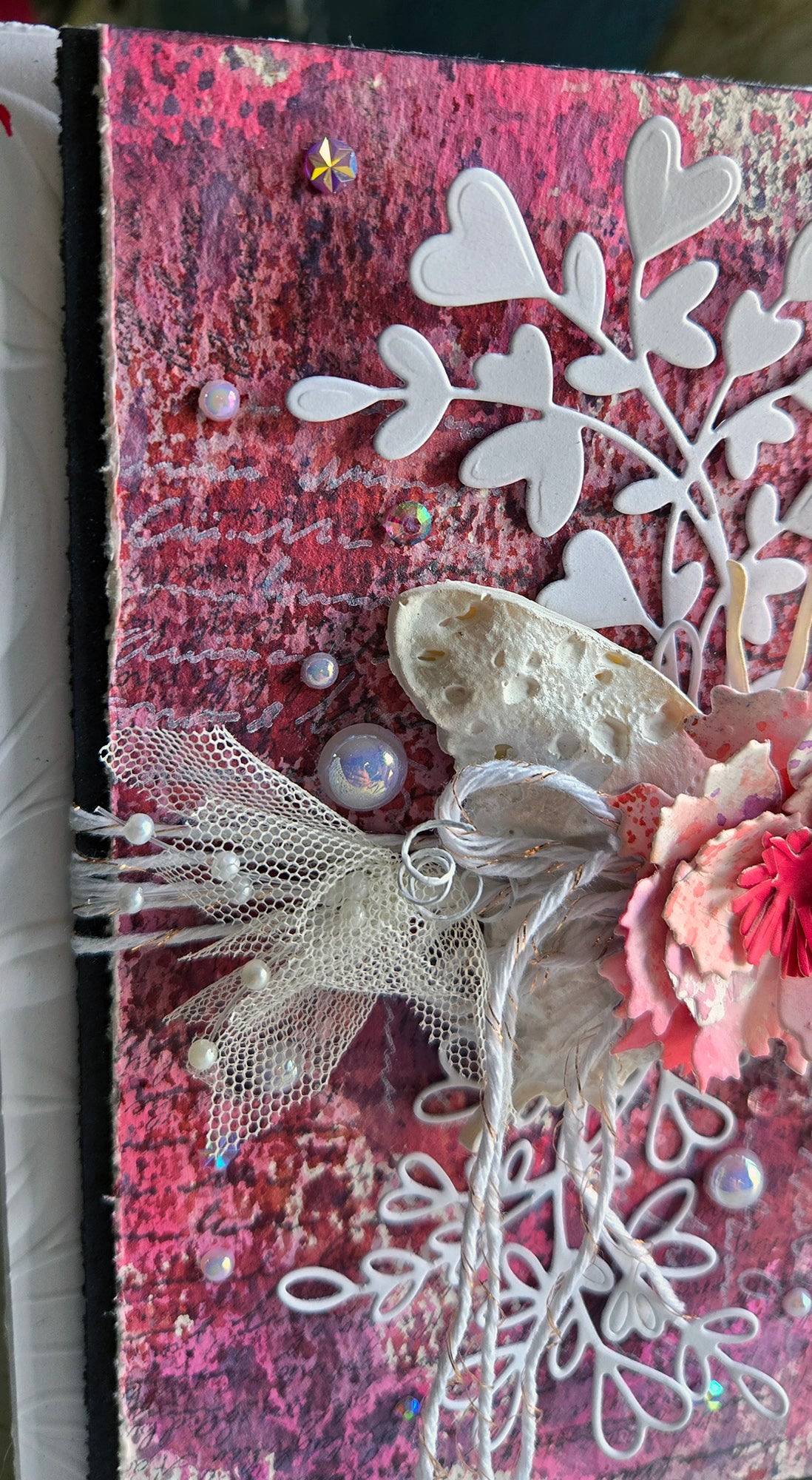 The White Butterfly Greeting Card, Pink with Heart Spray and Pearl Mixed Media